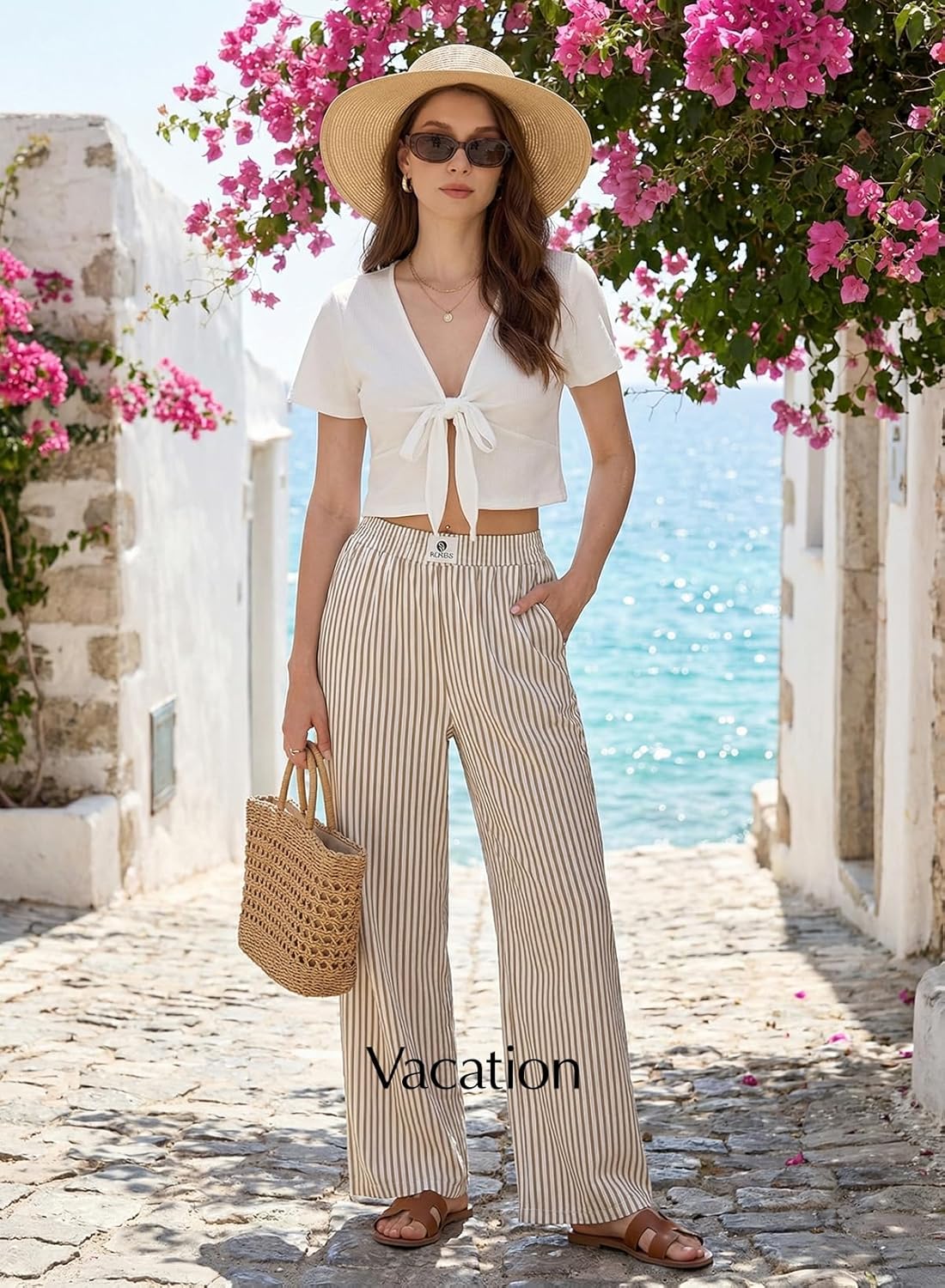 Verna Pantaloni damă cu dungi – croială largă fluidă, talie înaltă elastică, lounge de vară