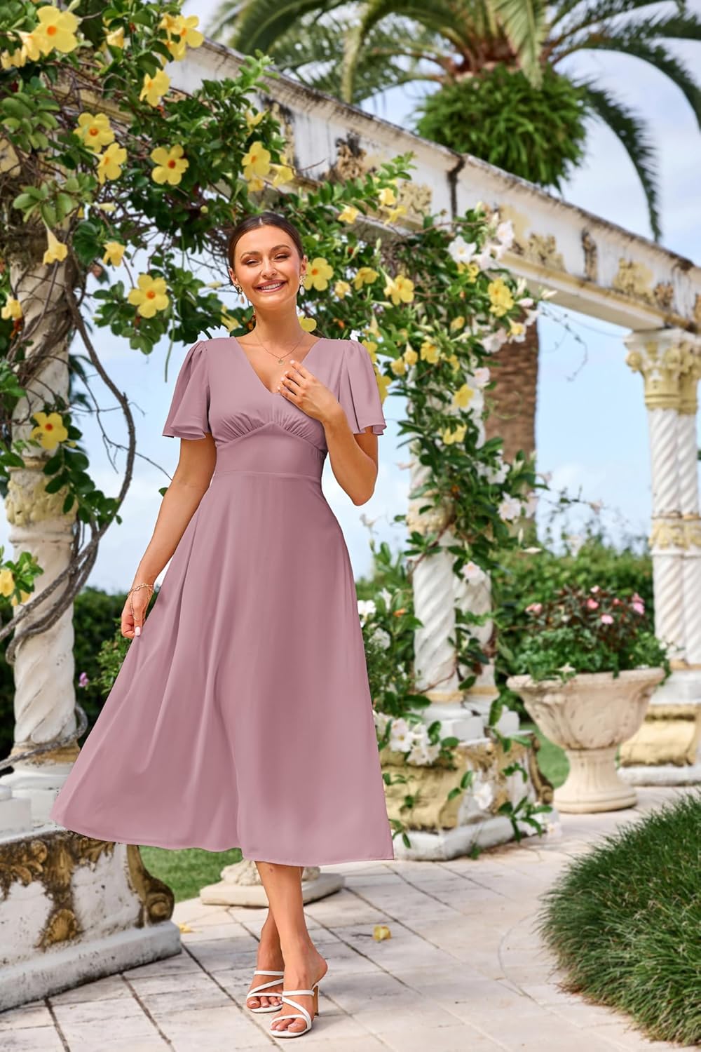 Rochie Claire pentru femei – Rochie maxi cu decolteu în V, spate pătrat, croială în A, fluidă, stil boem, vară
