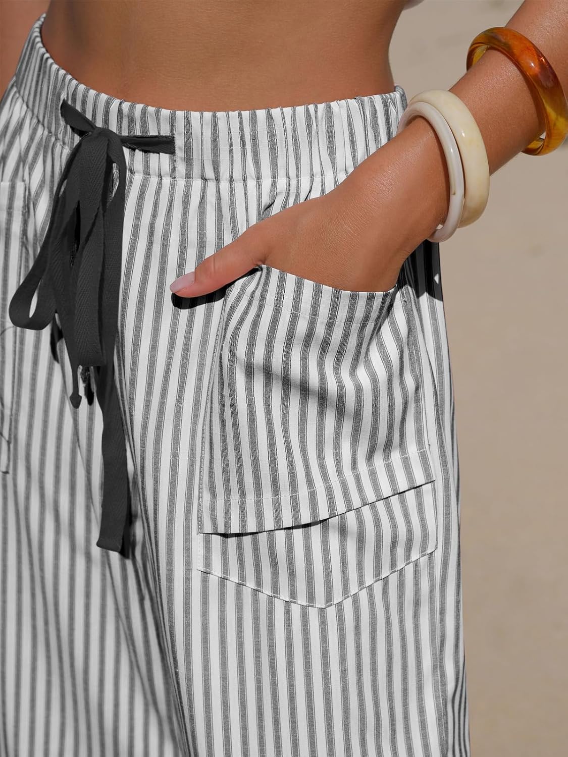 Laura Pantaloni damă din in cu dungi – croială largă Capri, talie elastică, ușori pentru vară