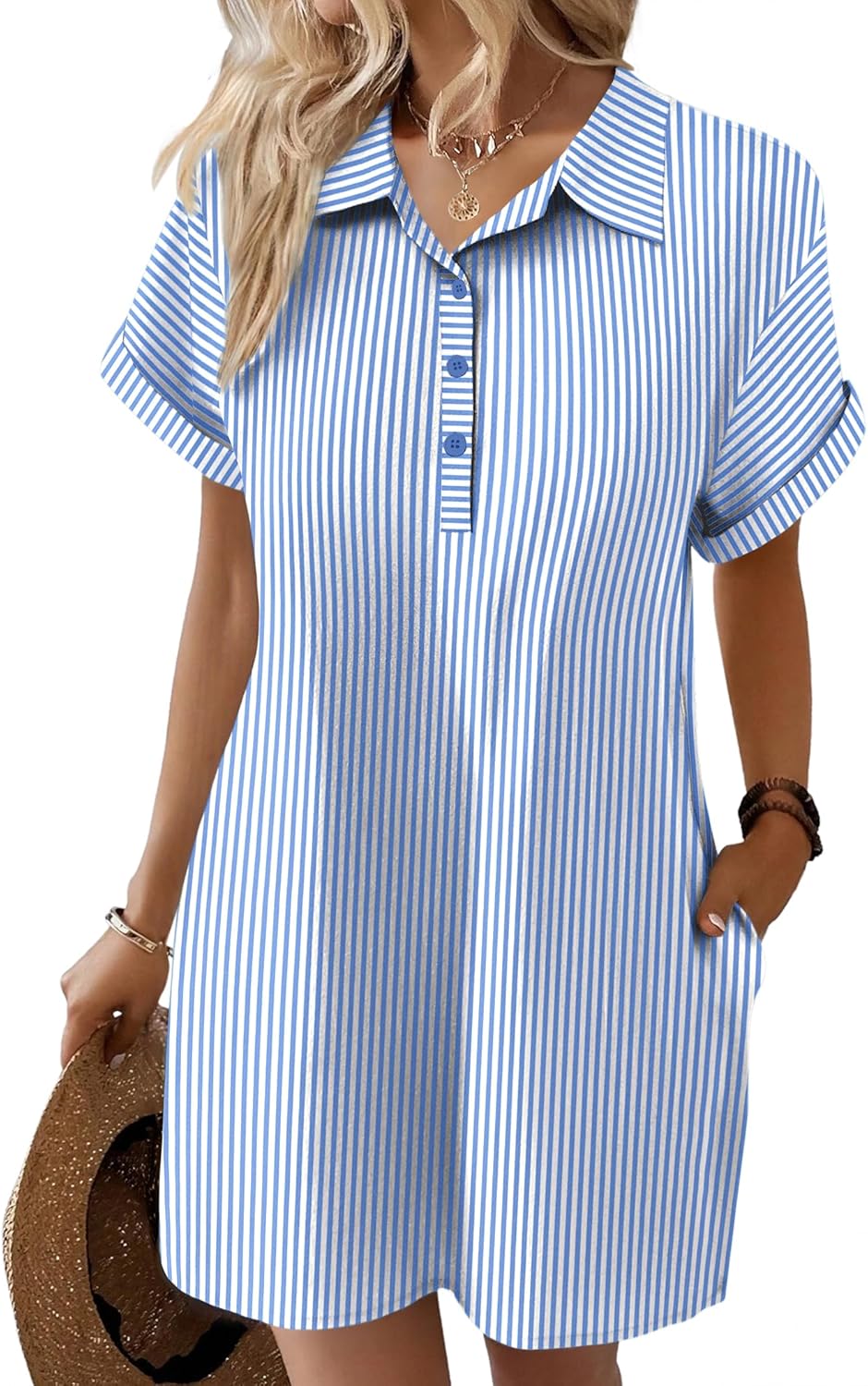 Clara Robe Femme Lin – Col V Boutonné, Manches Courtes, Coupe Ample, Poches