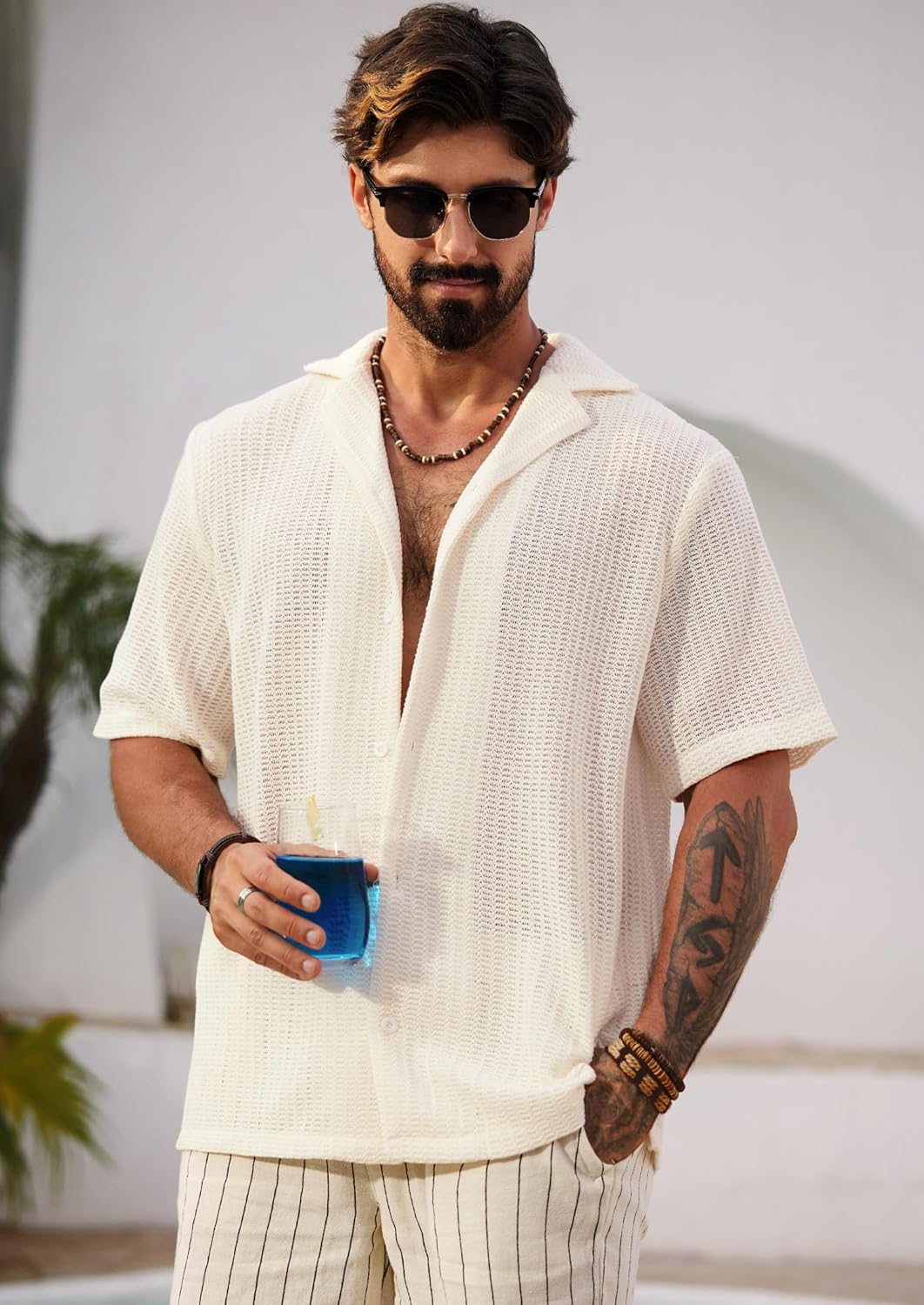 Cămașă bărbați Herbert croșetată – Cămașă tricotată cu model deschis, stil cubanez de vară