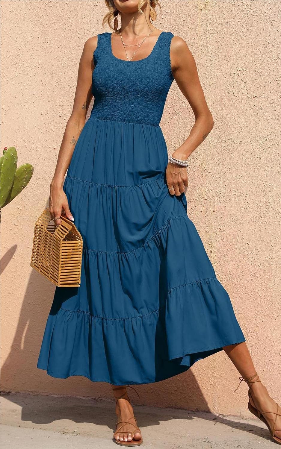 Rochie maxi Élina pentru femei – rochie smock fără mâneci, croială în A, vară boemă