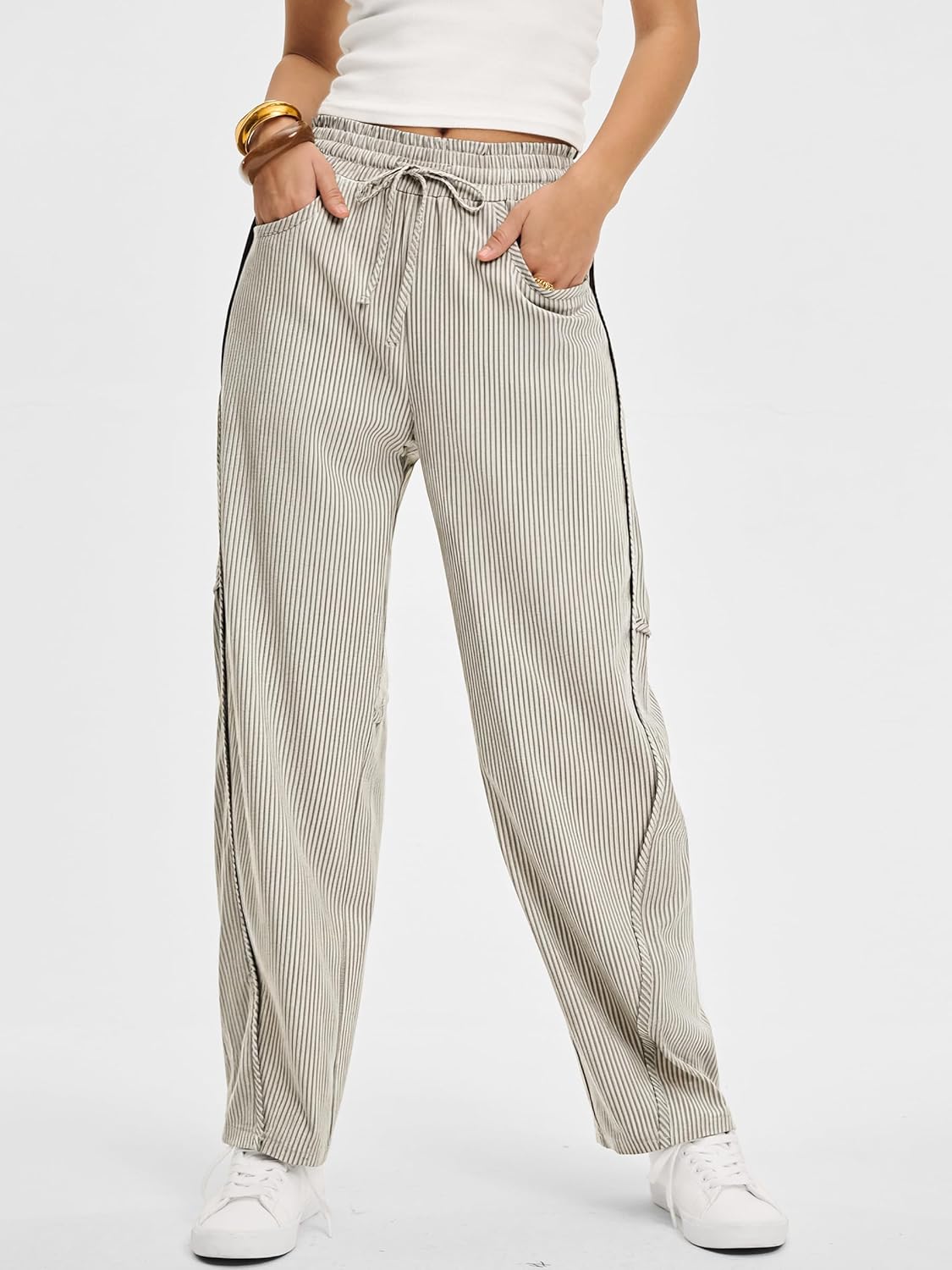 Kim Pantalon damă cu dungi Barrel – croială largă, talie elastică, stil casual