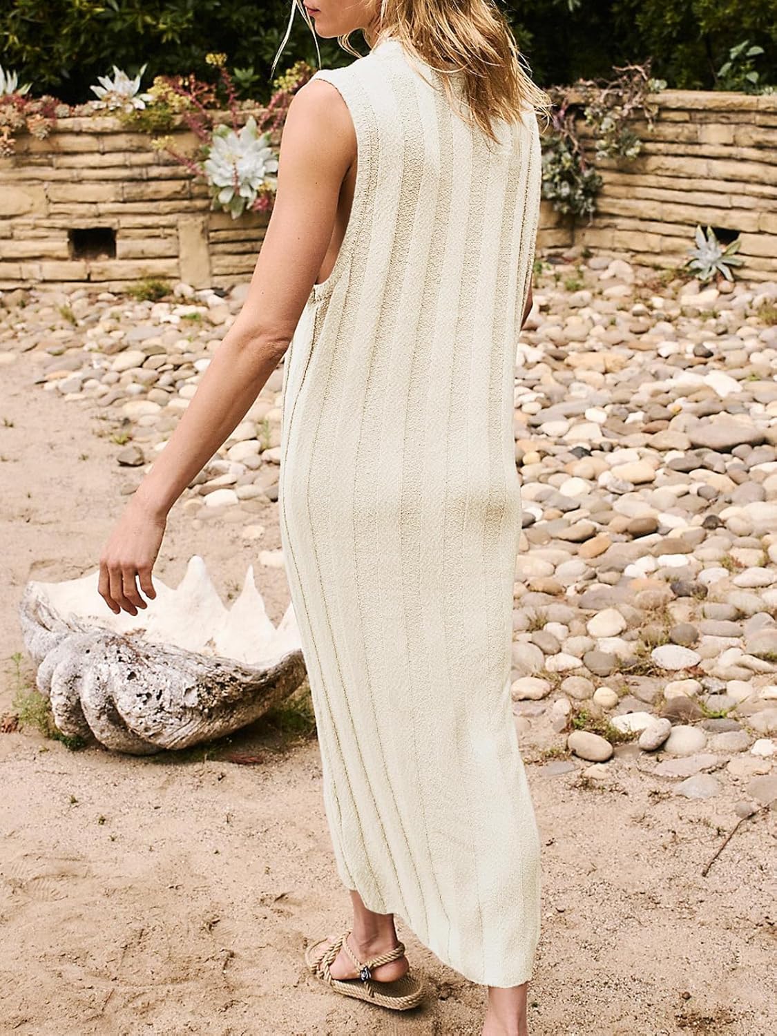 Rochie maxi Lina pentru femei – Rochie din tricot cu dungi, fără mâneci, cu guler rotund, de vară