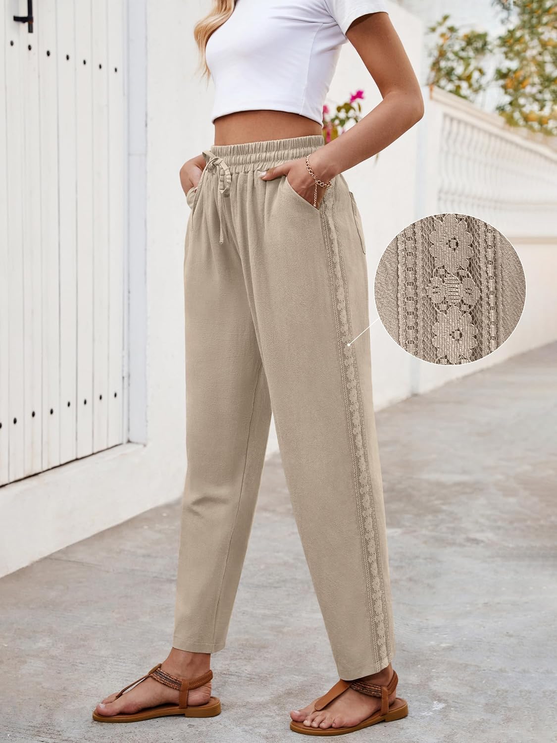 Ysabel Pantaloni damă din in Capri – Dantelă, croială largă, talie elastică, vară șic
