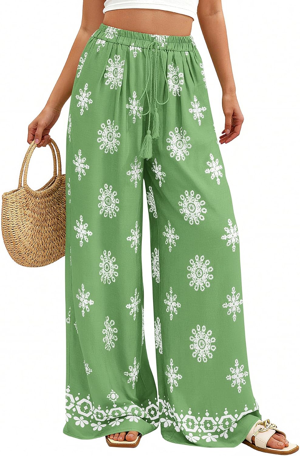 Trixie Pantaloni Palazzo pentru femei cu imprimeu floral – croială largă fluidă, talie elastică, vară boho