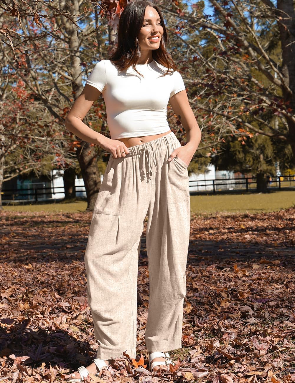 Mercedes Pantalon Femme Lin Harem – Coupe Large, Taille Élastique, Style Décontracté