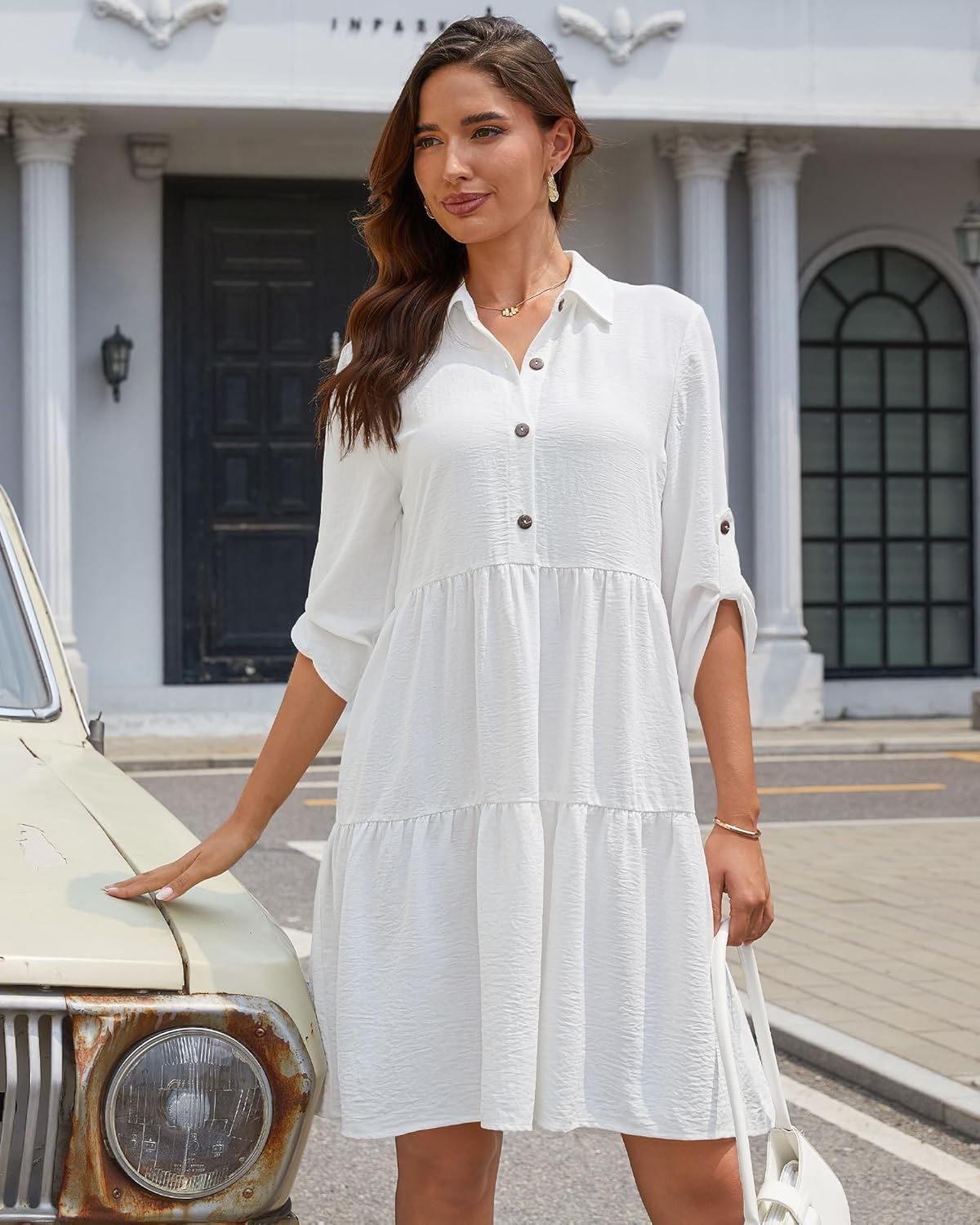 Rochie cămașă pentru femei Léa – Rochie evazată cu volane, nasturi și mâneci 3/4 pentru vară