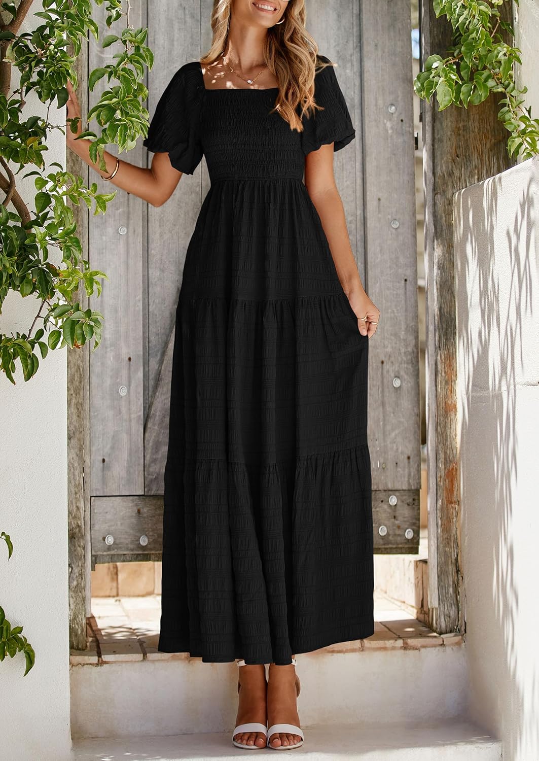 Максі-сукня Reese Robe Femme Été – сукня з квадратним вирізом, зборками, пишними рукавами та легкими воланами