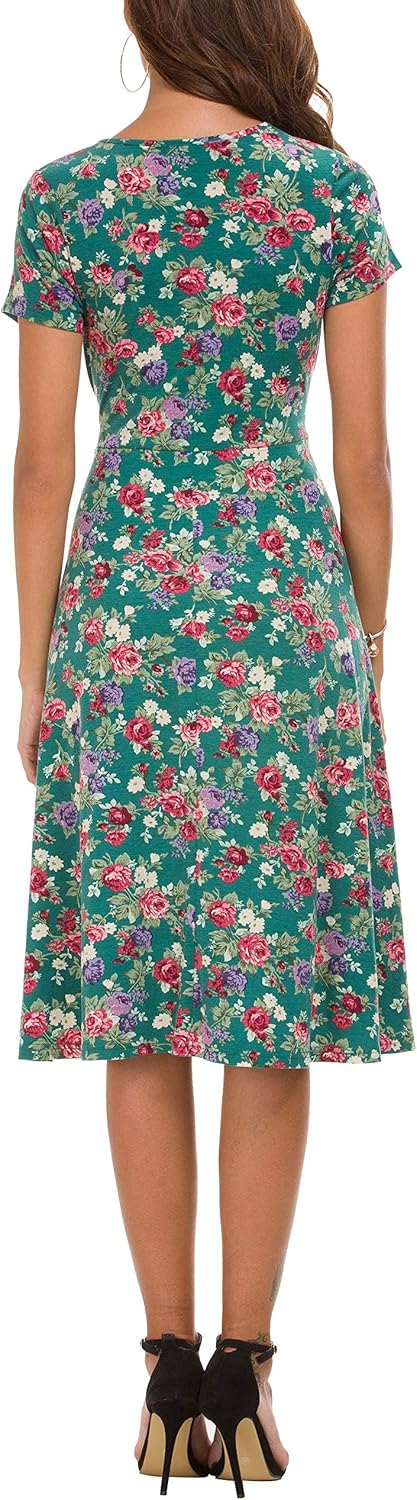 Rochie midi cu flori pentru femei Léonie – rochie evazată cu mâneci scurte și guler rotund, de vară