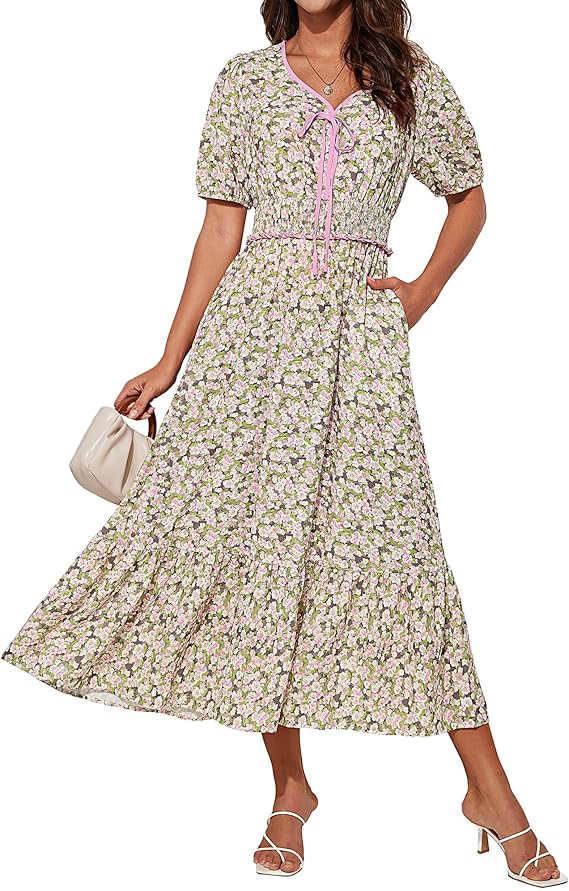 Tasha Robe Midi Femme – Col V, Taille Smockée & Coupe A-Line Élégante Été