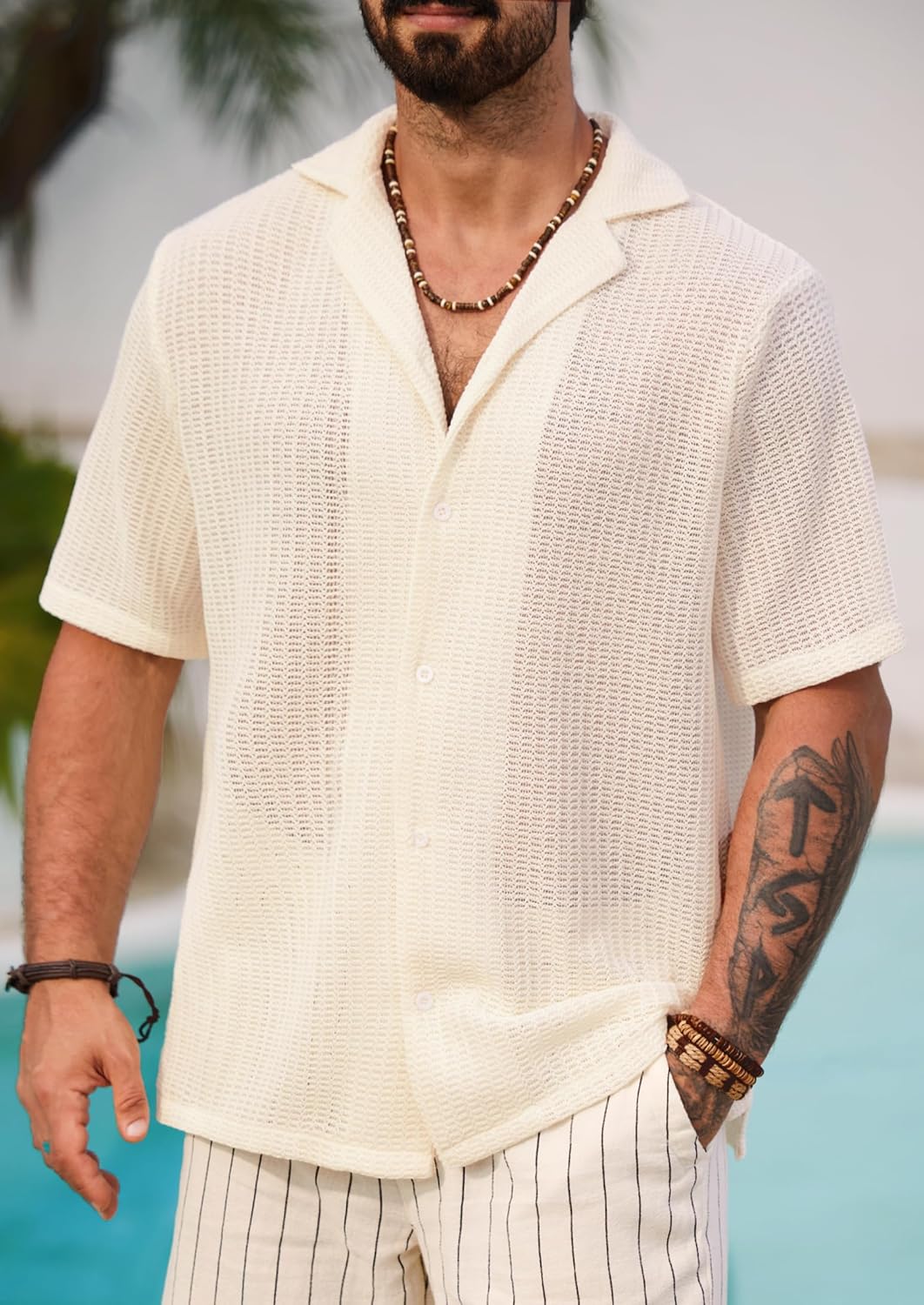 Cămașă bărbați Herbert croșetată – Cămașă tricotată cu model deschis, stil cubanez de vară