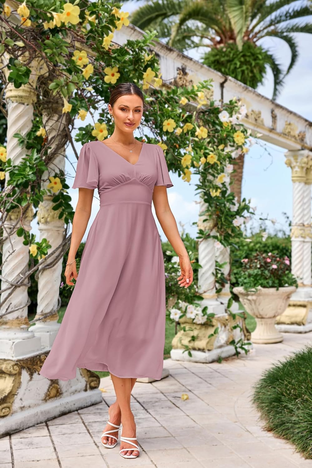 Rochie Claire pentru femei – Rochie maxi cu decolteu în V, spate pătrat, croială în A, fluidă, stil boem, vară