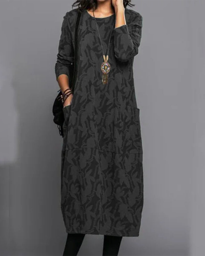 Isabella Robe Longue Femme – Robe Confortable en Polaire avec Manches Longues, Poches et Motif Floral Tendance