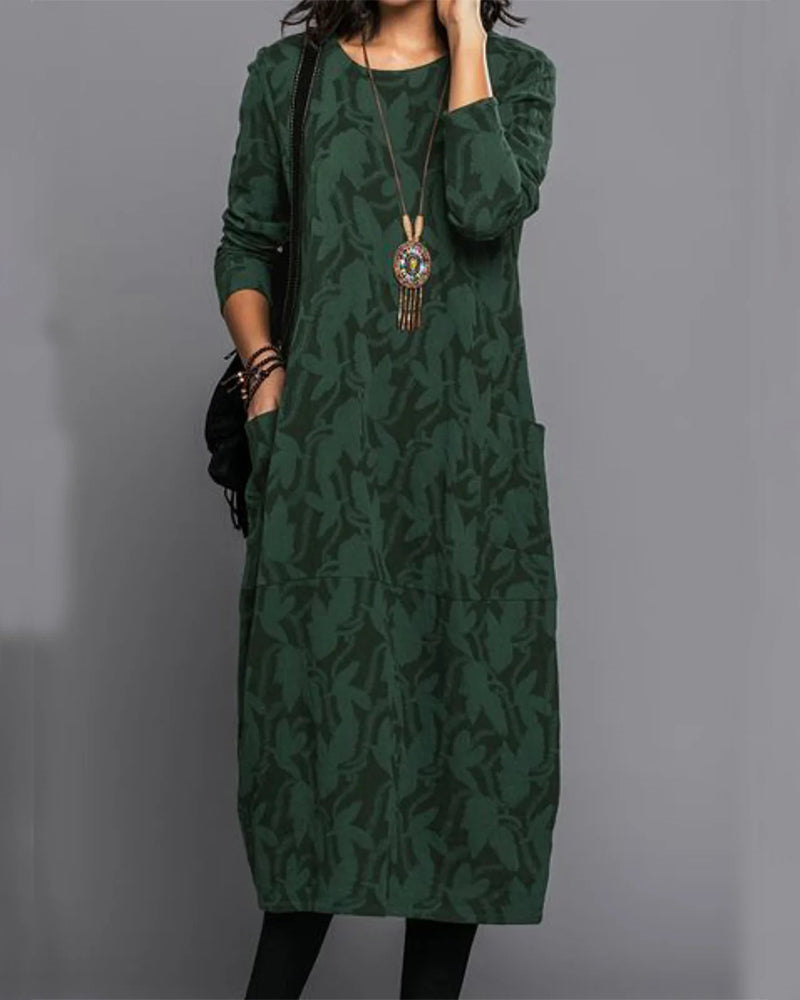 Isabella Robe Longue Femme – Robe Confortable en Polaire avec Manches Longues, Poches et Motif Floral Tendance