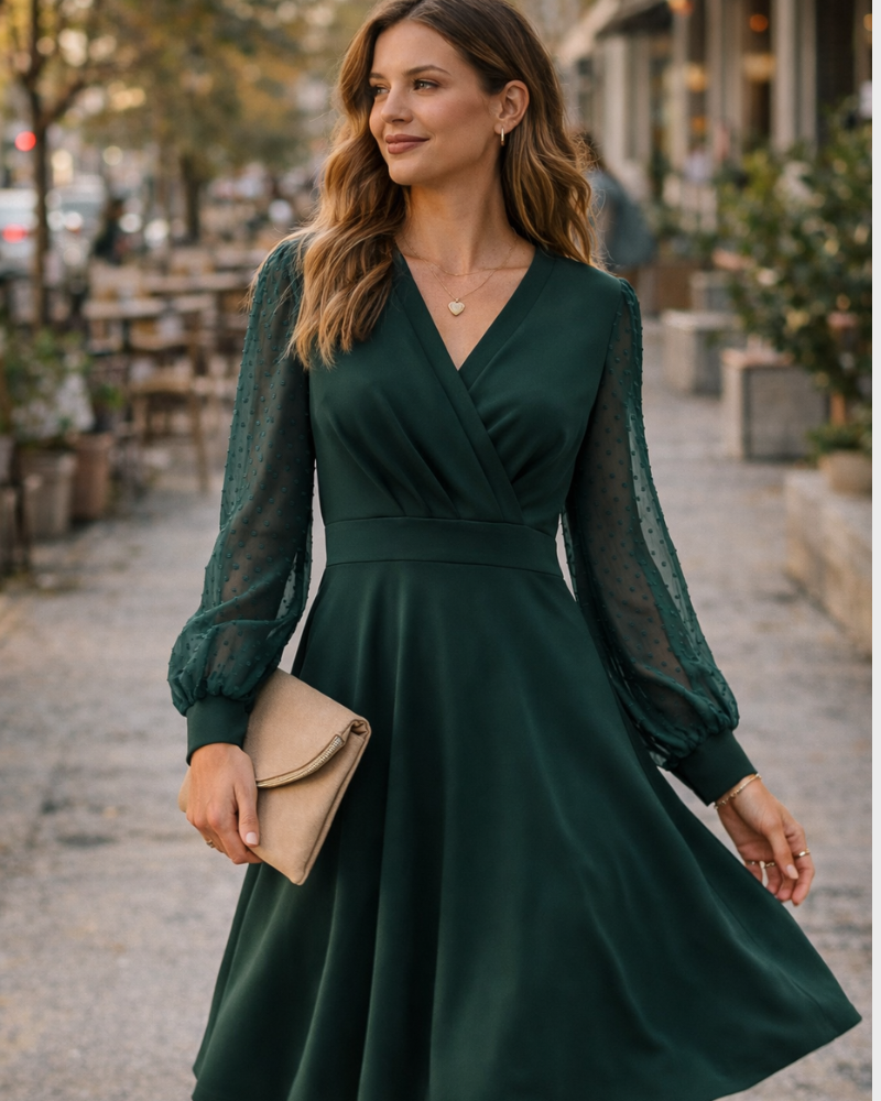 Vestido Juana para Mujer – Estilo Vintage con Escote en V, Mangas Largas y Corte A-Line Midi Elegante