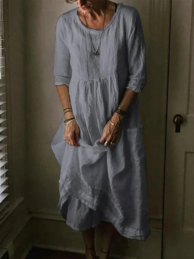 Félesca Robe Maxi Femme – Mélange Aéré de Coton et Lin, Col Rond & Manches Courtes
