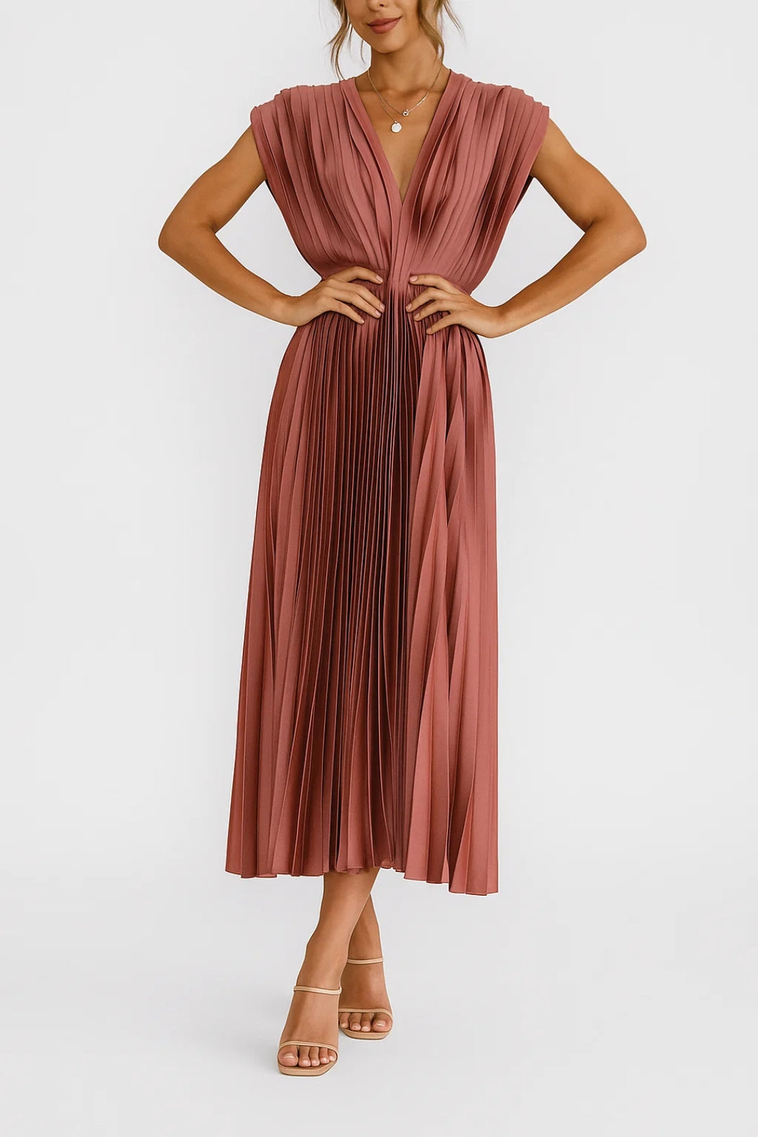 Xiomara Robe Femme – Robe Midi Plissée Élégante avec Décolleté en V & Taille Cintrée