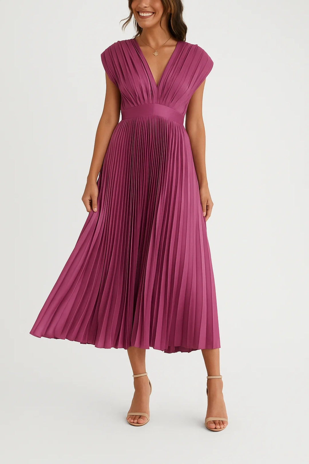 Xiomara Robe Femme – Robe Midi Plissée Élégante avec Décolleté en V & Taille Cintrée