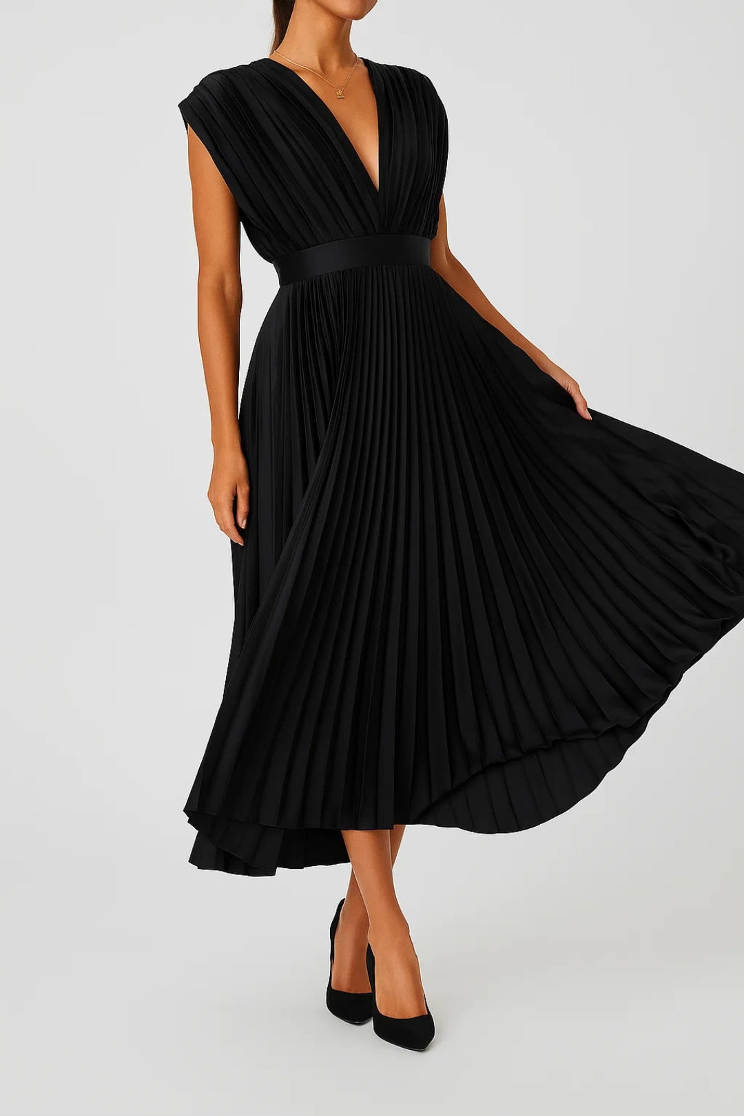 Xiomara Robe Femme – Robe Midi Plissée Élégante avec Décolleté en V & Taille Cintrée