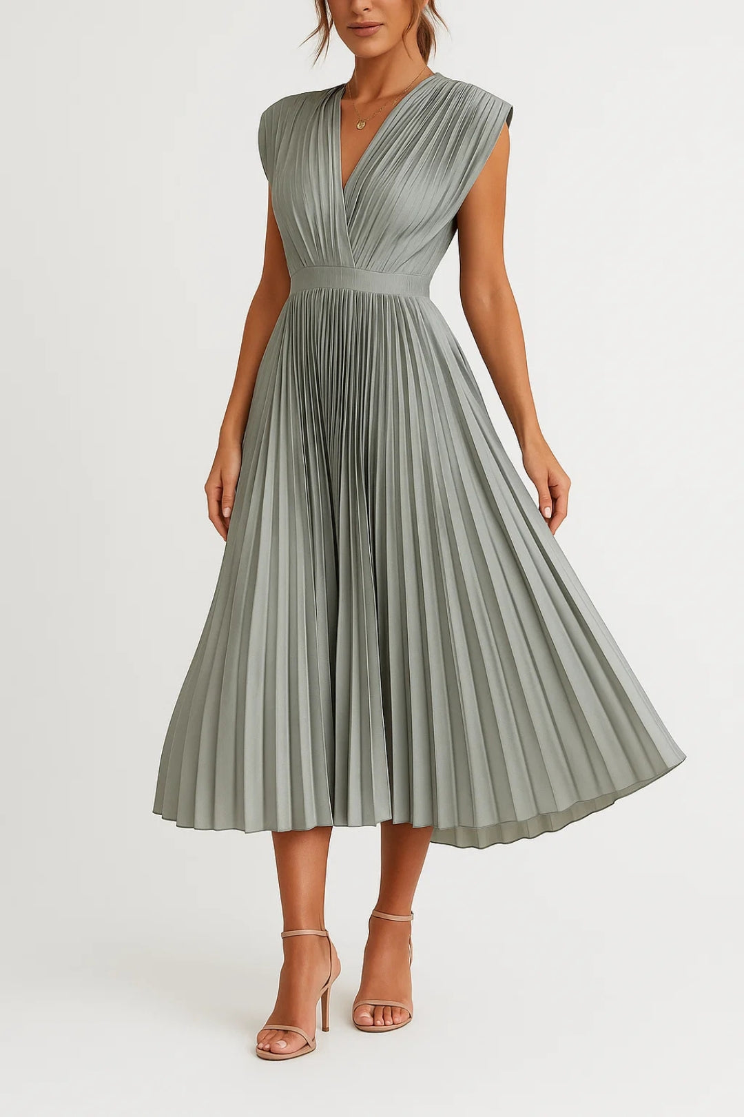 Xiomara Robe Femme – Robe Midi Plissée Élégante avec Décolleté en V & Taille Cintrée