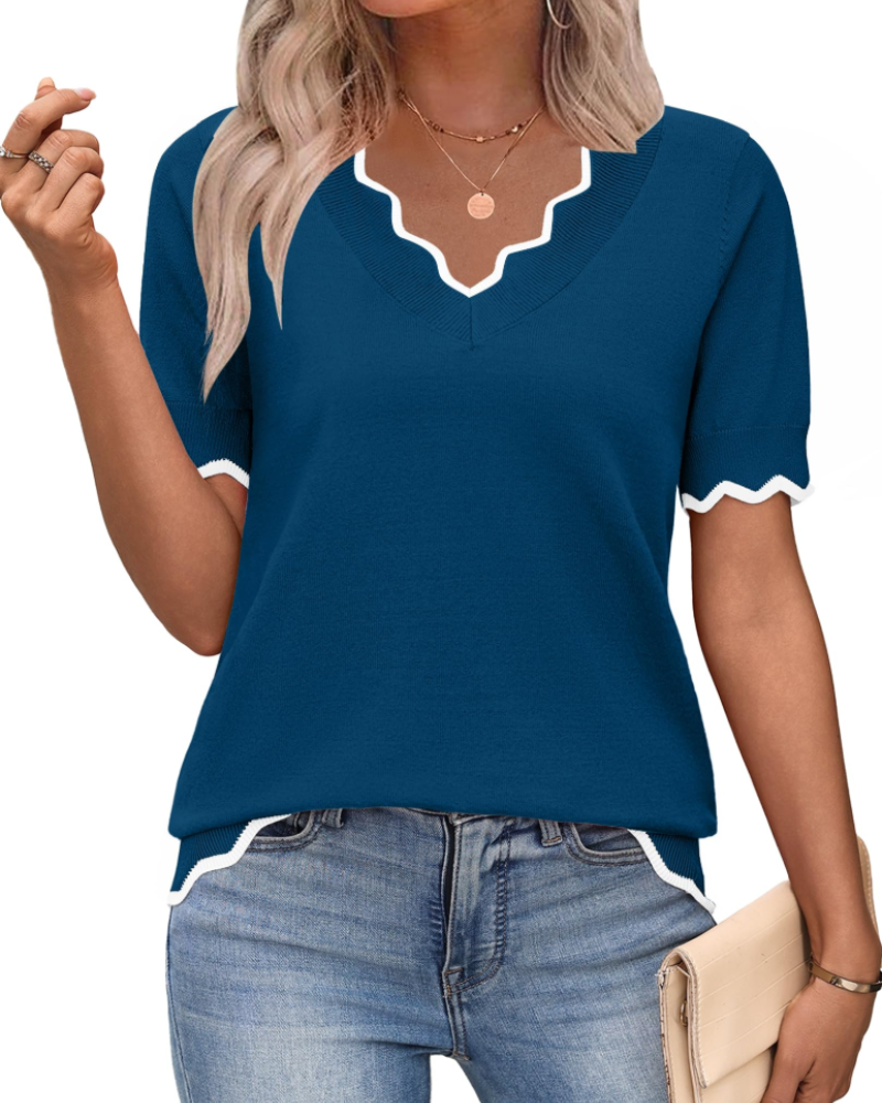 Amirah Top Donna – Maglia Leggera Maniche Corte Scollo a V Elegante Business Casual