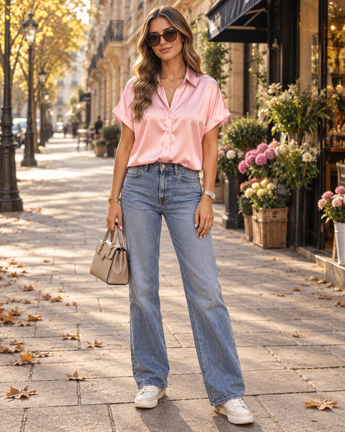 Celine Women's Buttoned Satin Blouse – Lightweight Short-Sleeve Shirt