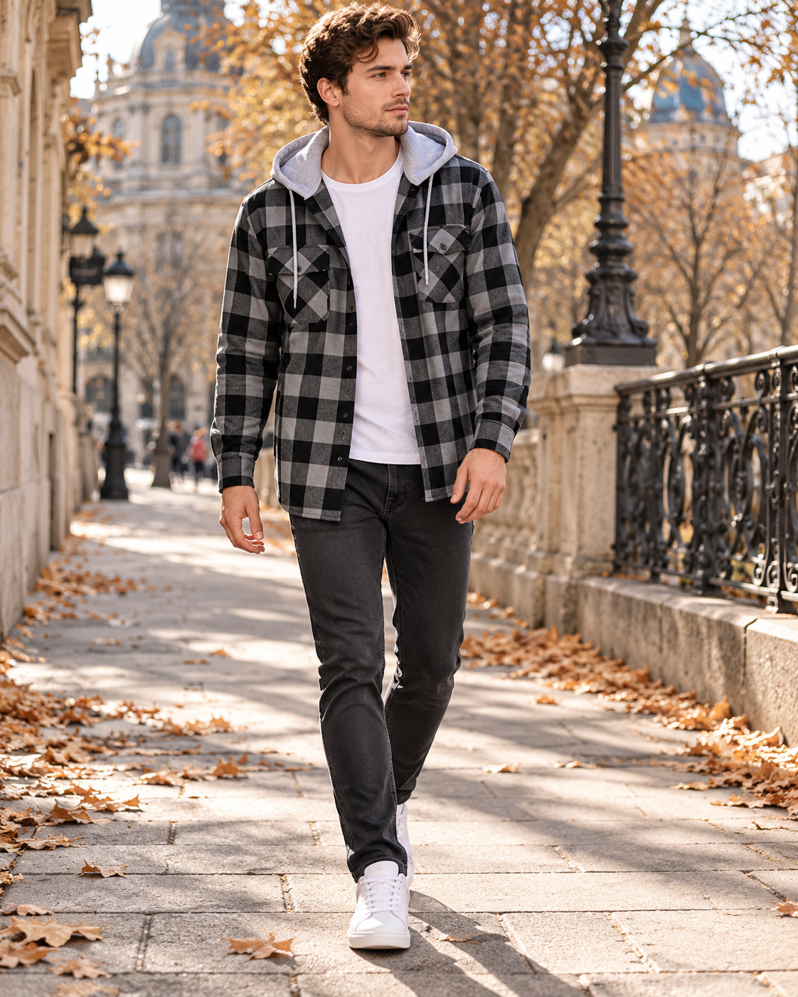 Nico Chemise homme en flanelle à carreaux, capuche, boutons et manches longues