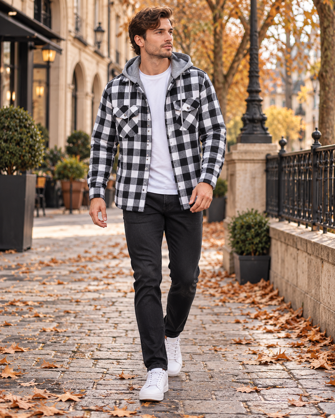 Nico Chemise homme en flanelle à carreaux, capuche, boutons et manches longues