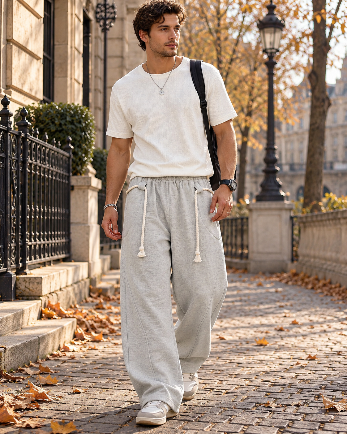 Paolo Pantaloni da jogging da uomo dalla vestibilità ampia, modello barrel con gambe larghe, cordoncino decorativo e tasche