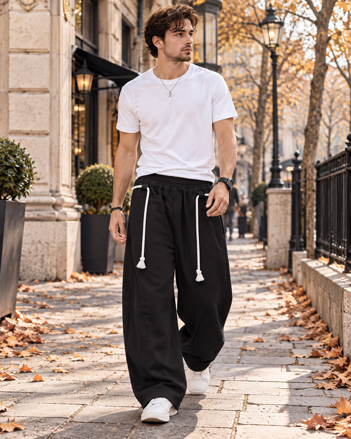 Paolo Pantaloni da jogging da uomo dalla vestibilità ampia, modello barrel con gambe larghe, cordoncino decorativo e tasche
