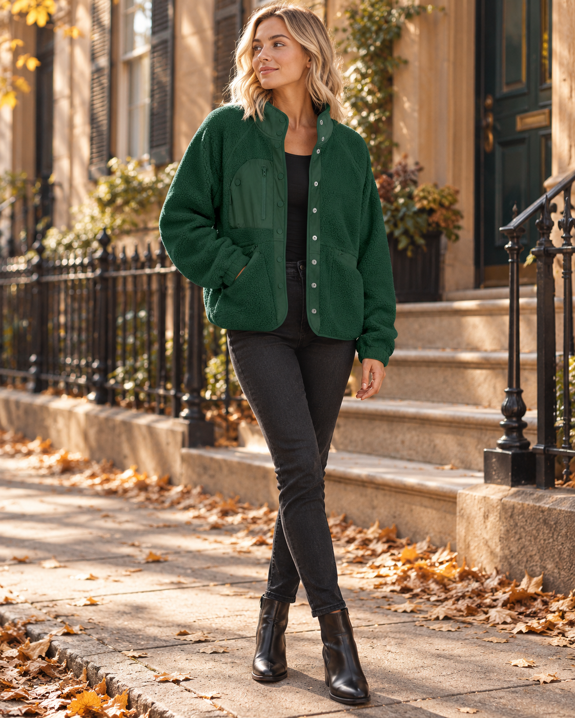 Jasmine Veste sherpa douce courte a boutons et poches