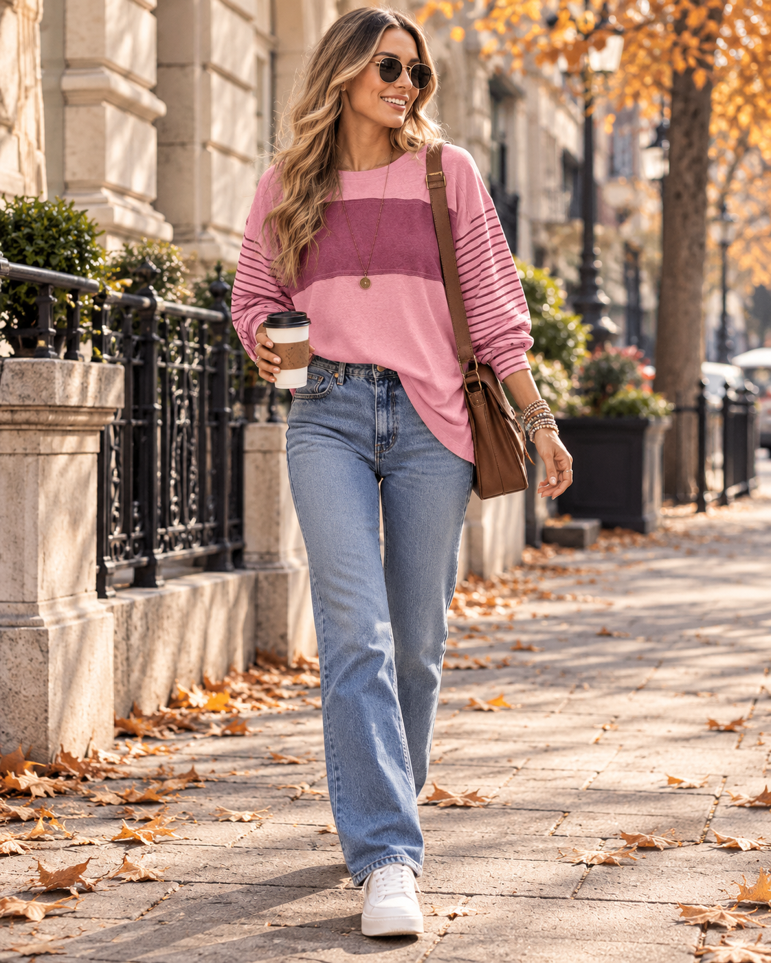 Queenie Haut tunique femme oversize color block, col rond et manches longues rayées