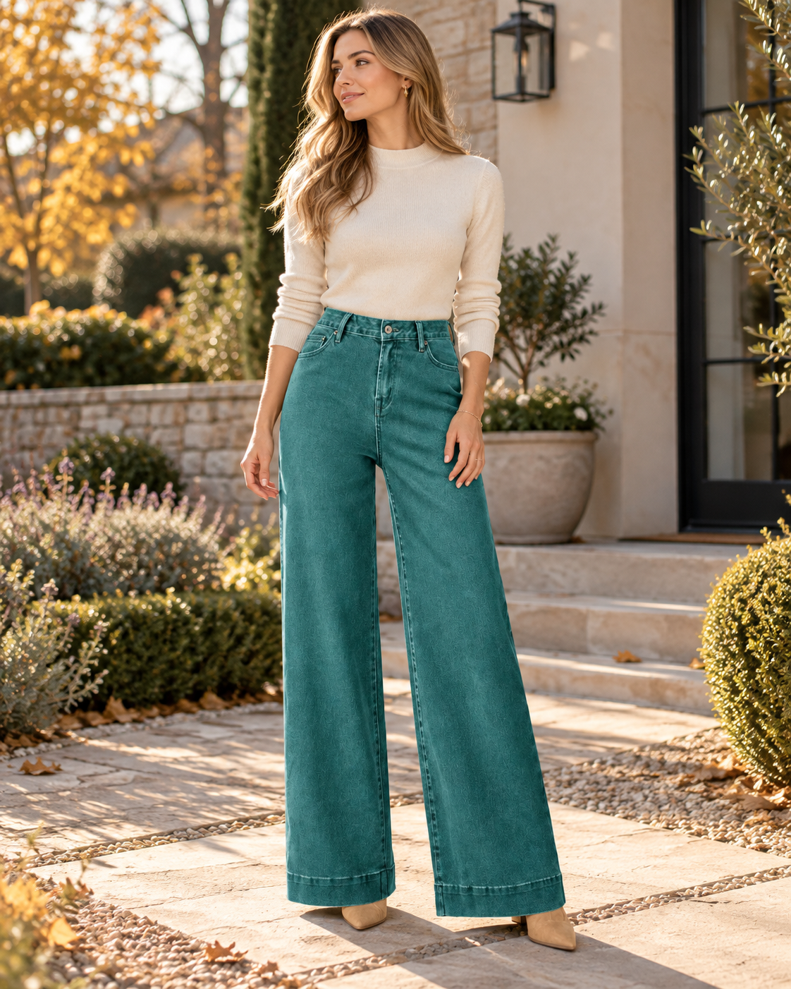 Ophelia Jean taille haute a jambe large en denim stretch