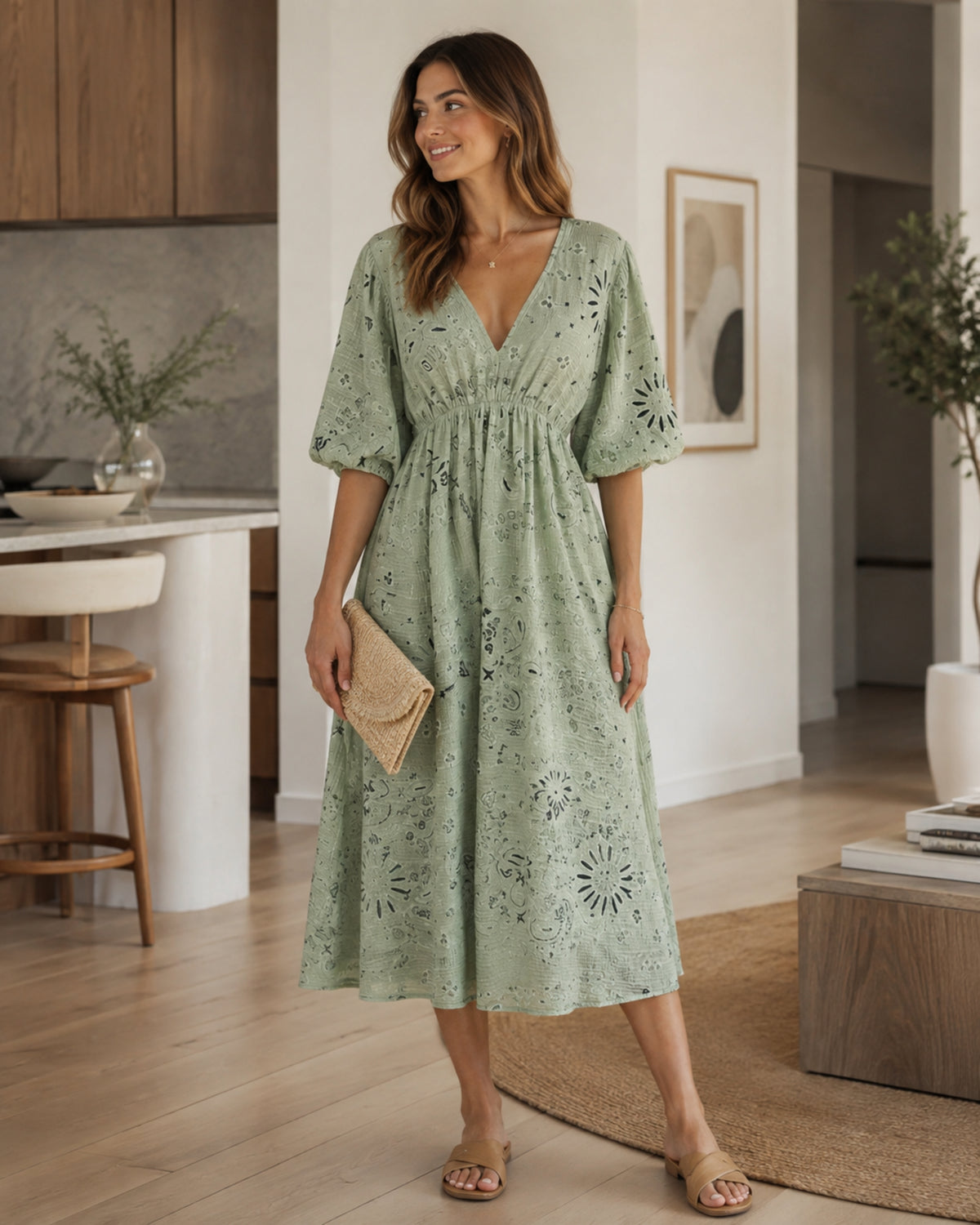 Giulia Women's Dress – Midi Cotton Dress with V-Neck, 3/4 Sleeves, Flowing Bohemian Summer Cut