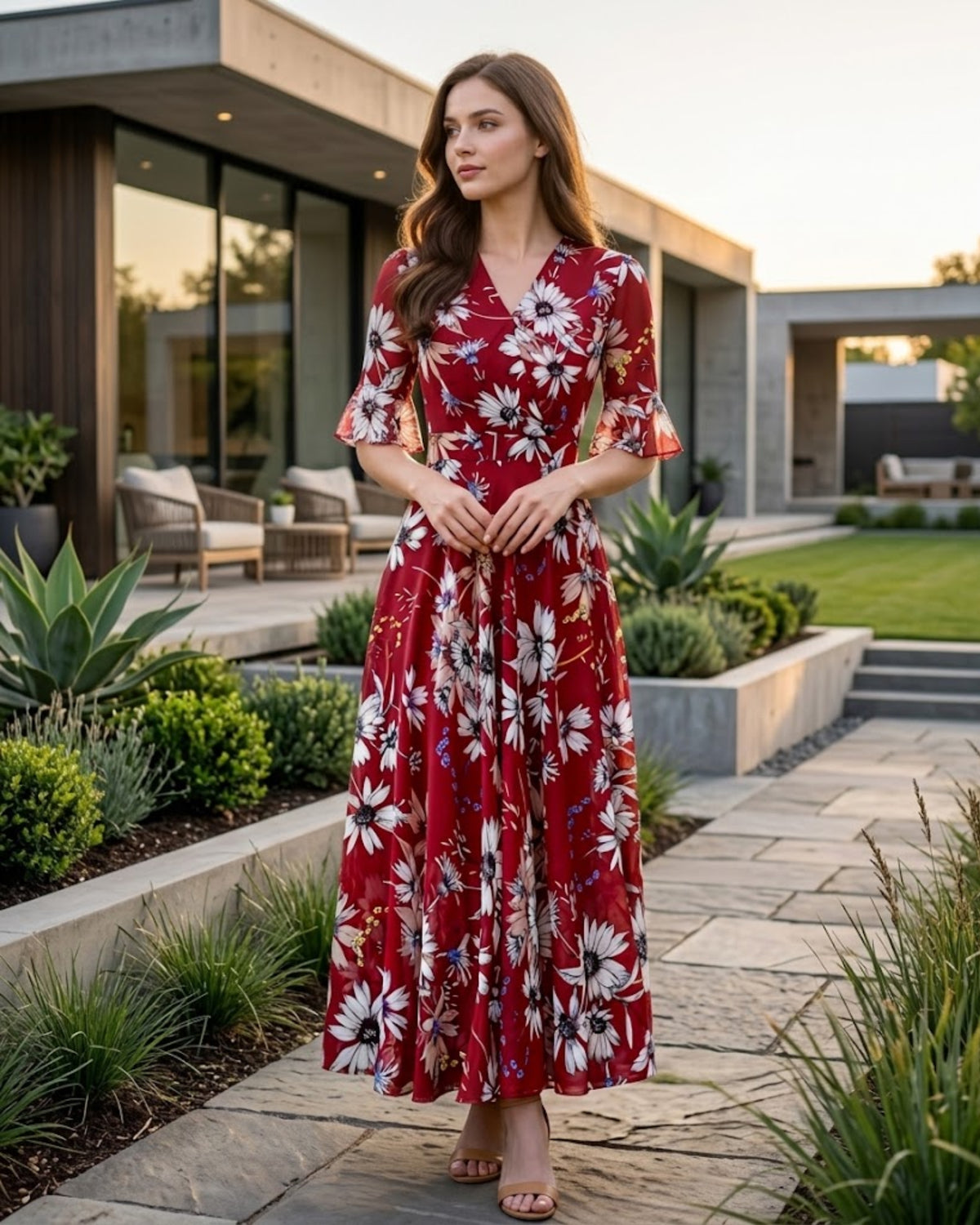 Vestido largo Carmelle para mujer – escote en V, corte línea A fluido, gasa elegante para verano