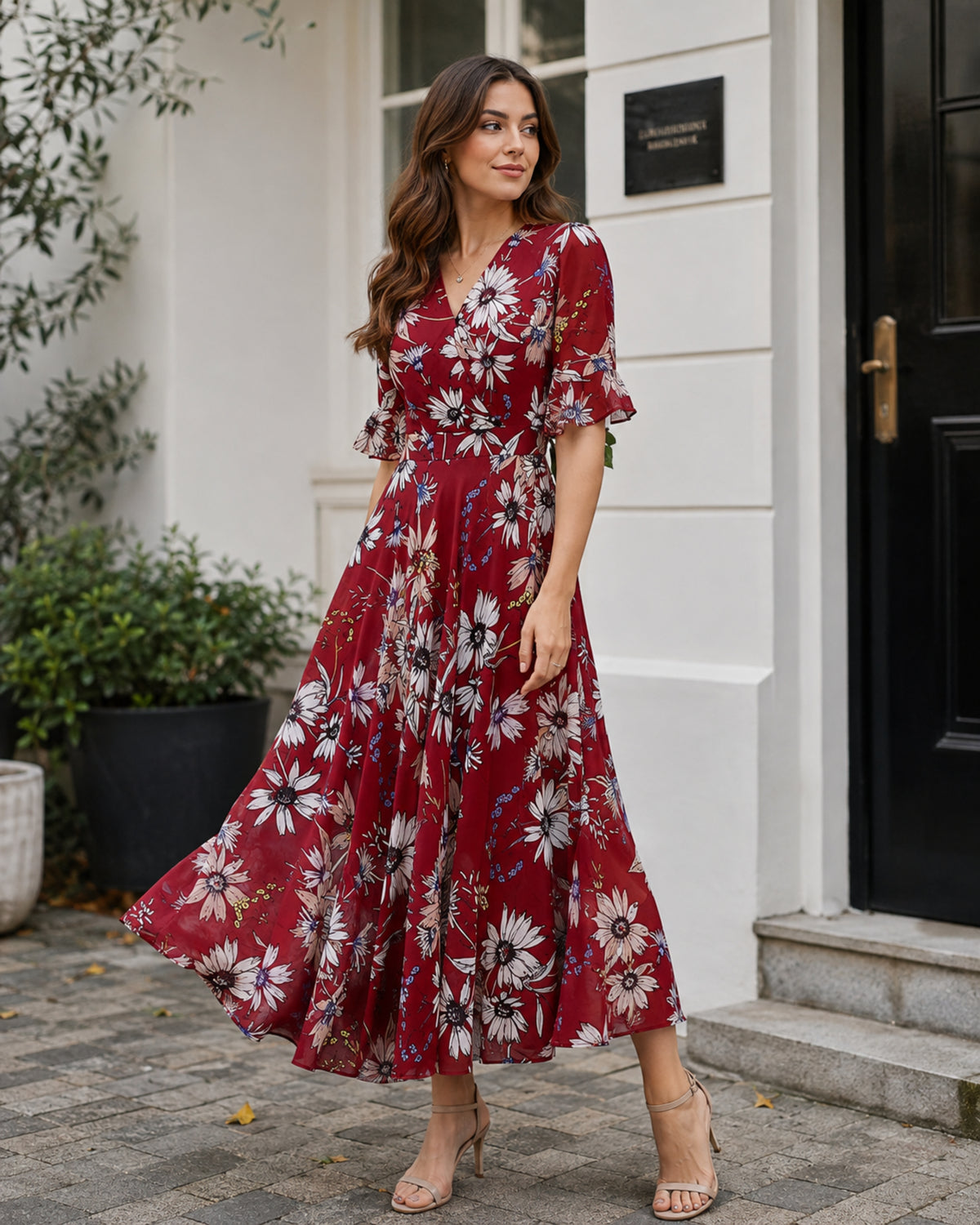 Vestido largo Carmelle para mujer – escote en V, corte línea A fluido, gasa elegante para verano