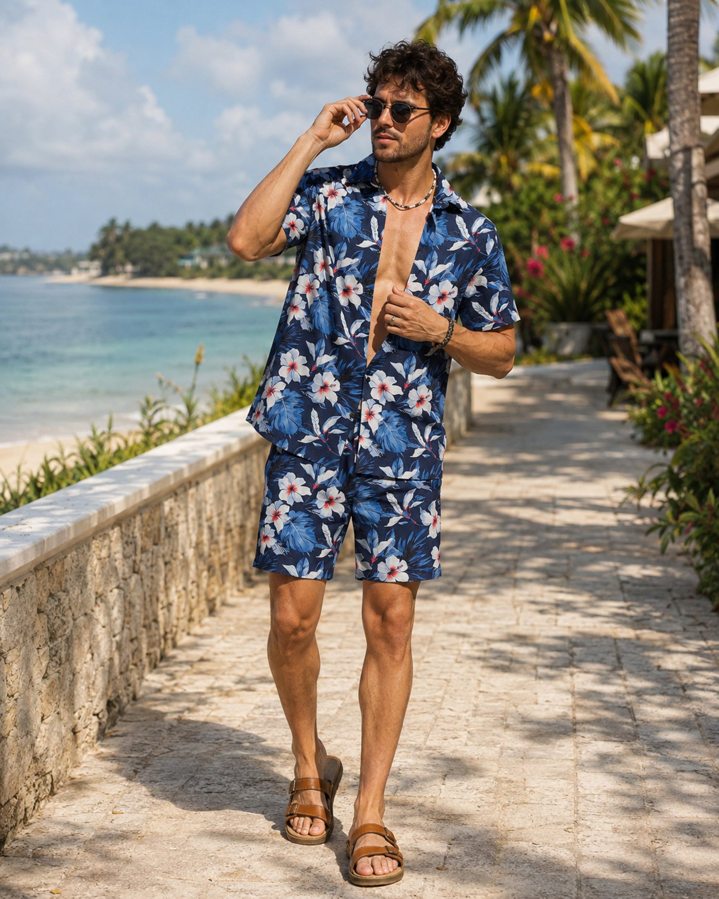 Tévan hawaiianisches Herren-Ensemble – 2-teiliges Set aus Blumenhemd und Shorts mit Kordelzug