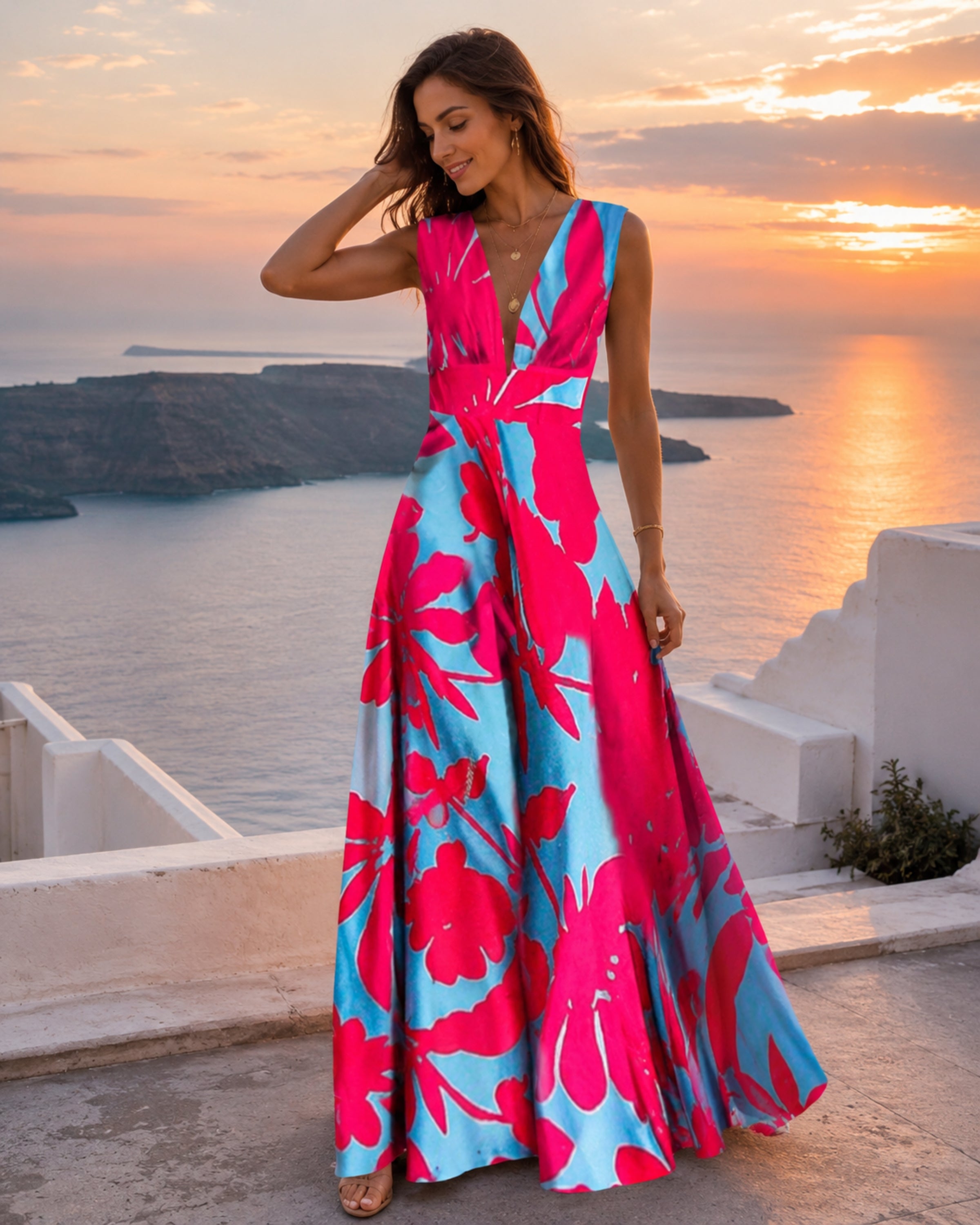 Maya Long Bohemian Dress for Women – Sleeveless Dress with V-Neck, Zipper, and Elegant Print