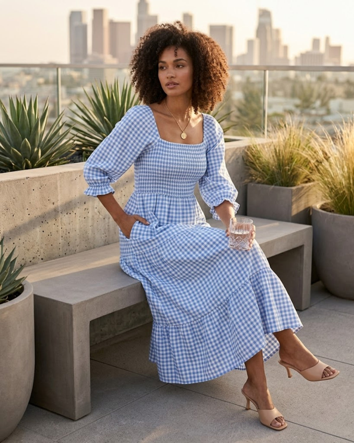 Rochie boemă Léonie pentru femei – rochie cu umerii goi, volane, carouri, midi, de vară