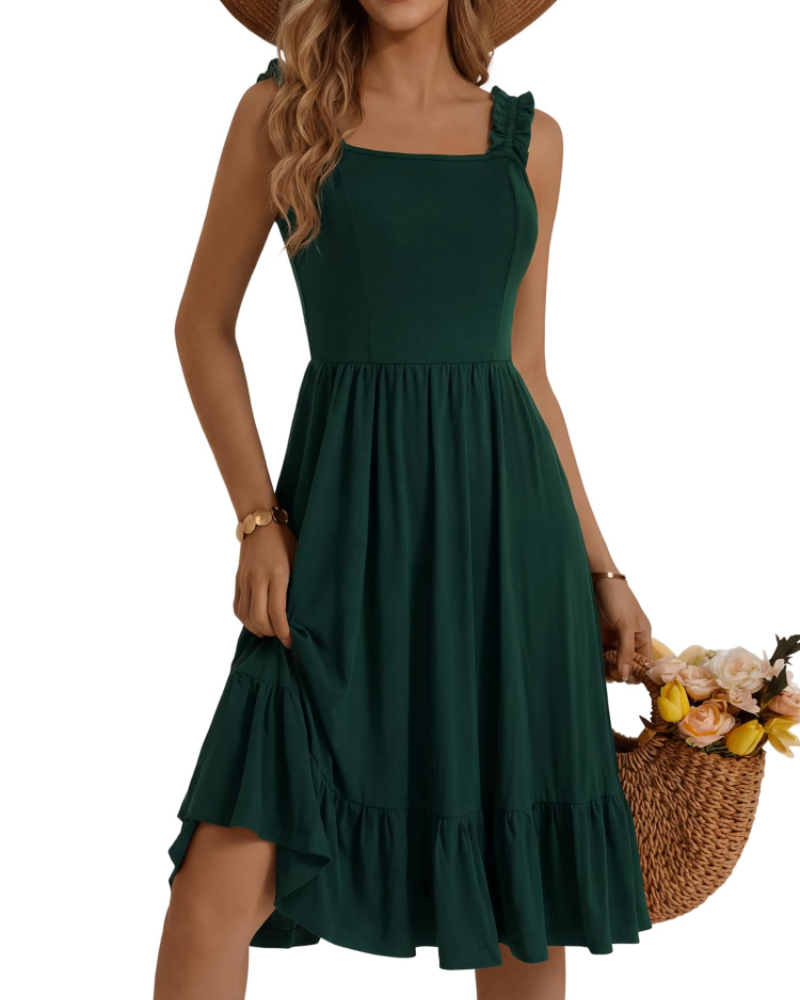 Armenia Robe Midi Femme – Robe Été Col Carré à Bretelles Élastiques, Coupe A-Line Fluide avec Volants