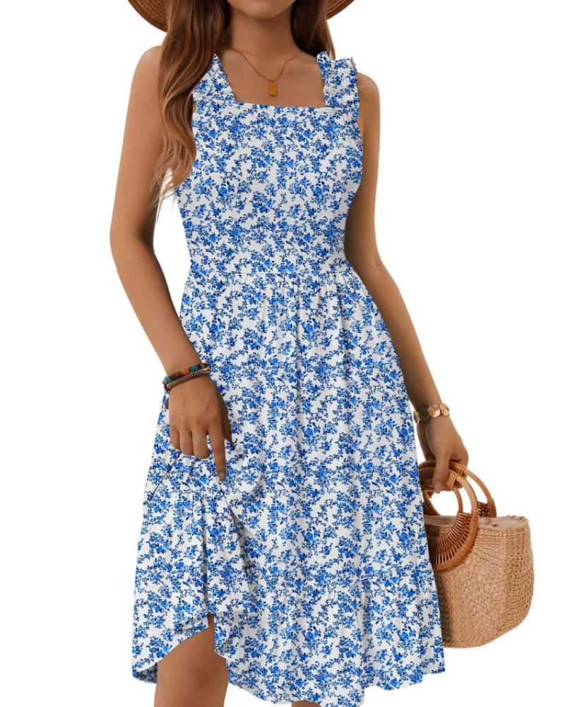 Armenia Robe Midi Femme – Robe Été Col Carré à Bretelles Élastiques, Coupe A-Line Fluide avec Volants