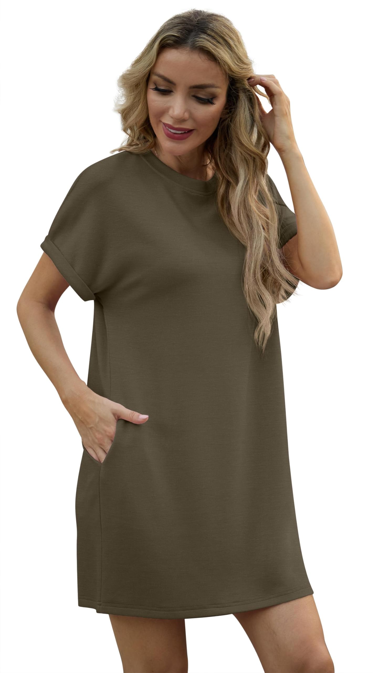 Vestido Lewina para mujer – Cuello redondo, mangas cortas, corte línea A mini y bolsillos, color liso verano
