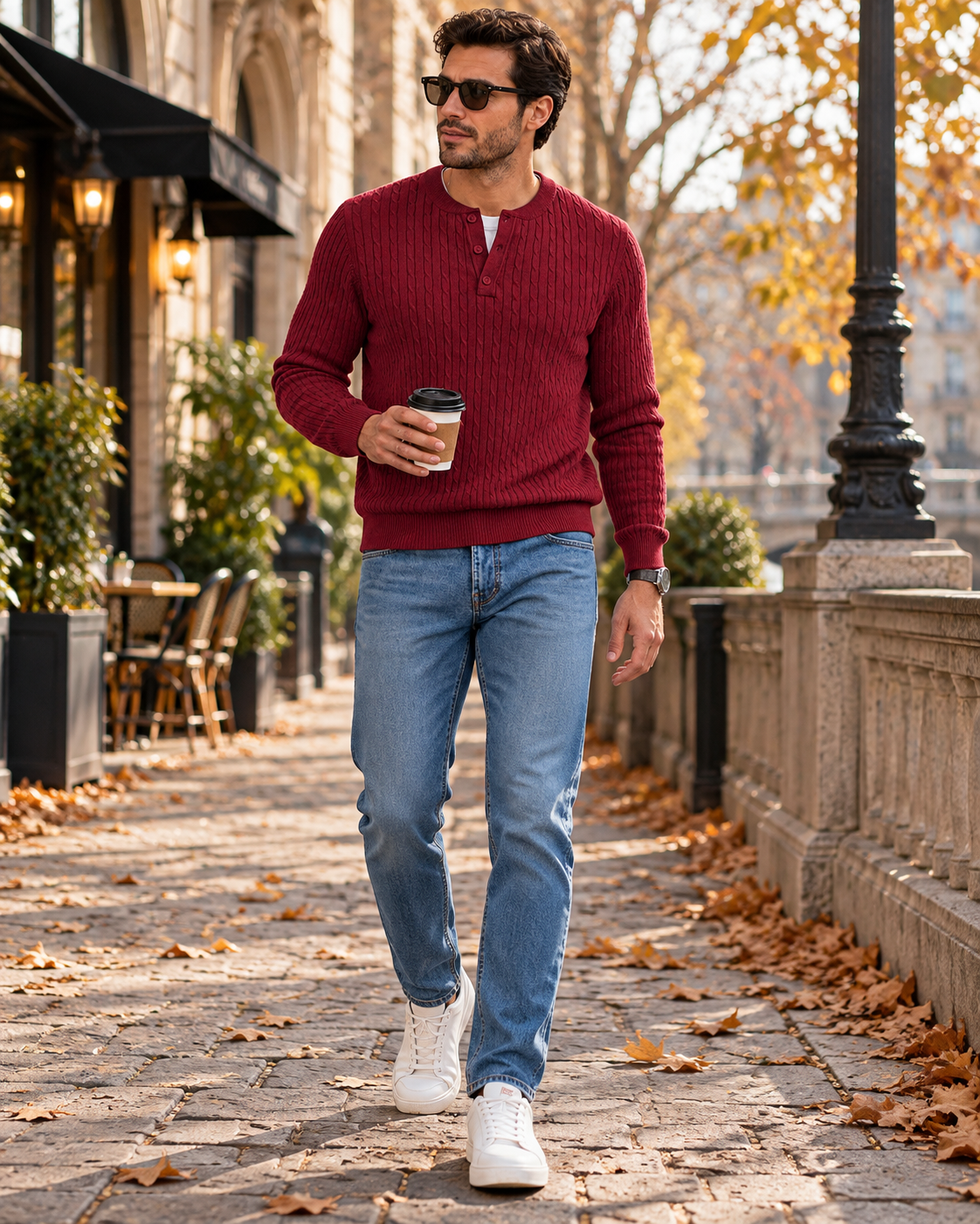 Carlo Pull pour homme en maille torsadée – Col Henley, manches longues et coupe ajustée