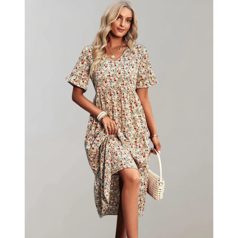 Bianka Robe Midi Femme – Leichtes Blumenmuster mit fließendem Schnitt und romantischen Schmetterlingsärmeln