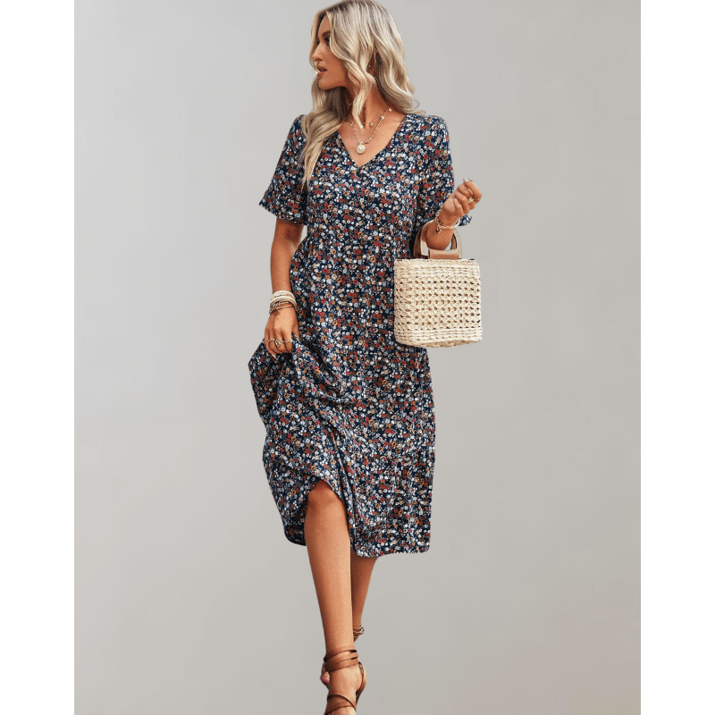 Bianka Robe Midi Femme – Leichtes Blumenmuster mit fließendem Schnitt und romantischen Schmetterlingsärmeln