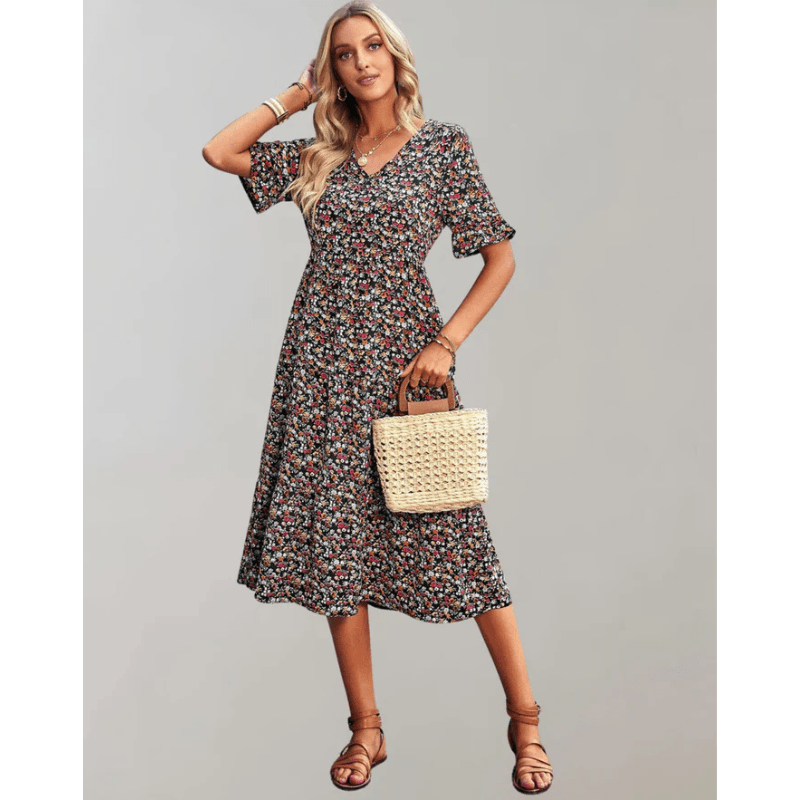 Bianka Robe Midi Femme – Leichtes Blumenmuster mit fließendem Schnitt und romantischen Schmetterlingsärmeln
