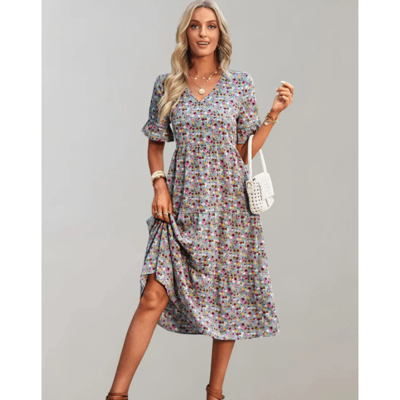 Bianka Robe Midi Femme – Leichtes Blumenmuster mit fließendem Schnitt und romantischen Schmetterlingsärmeln