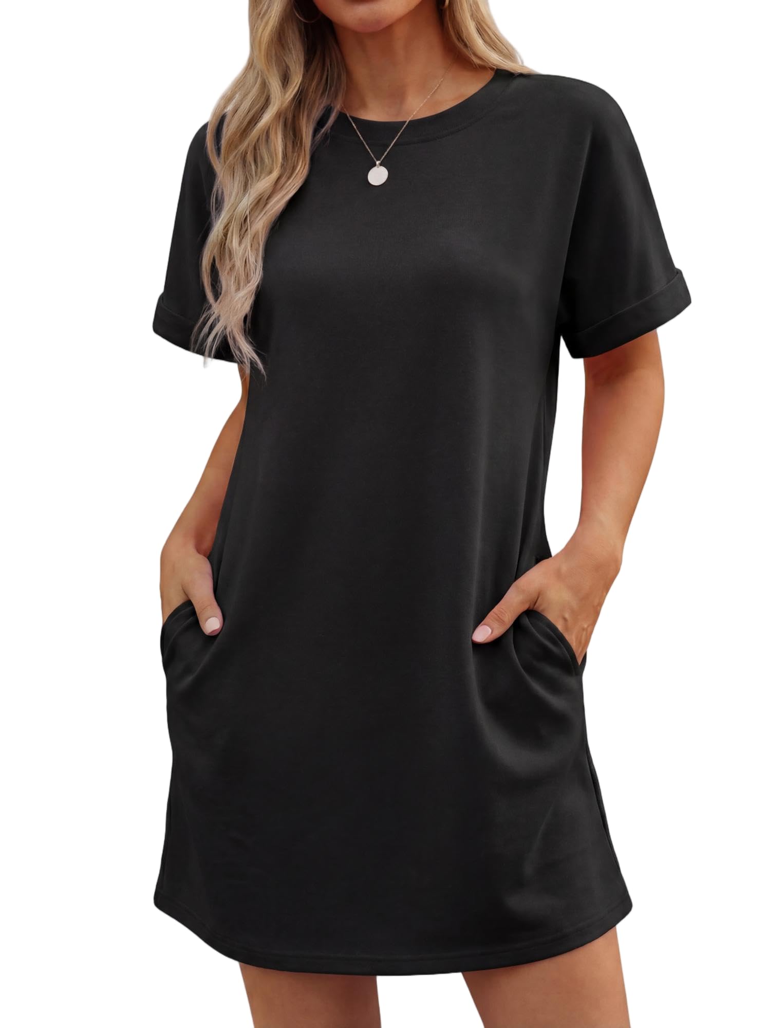 Vestido Lewina para mujer – Cuello redondo, mangas cortas, corte línea A mini y bolsillos, color liso verano