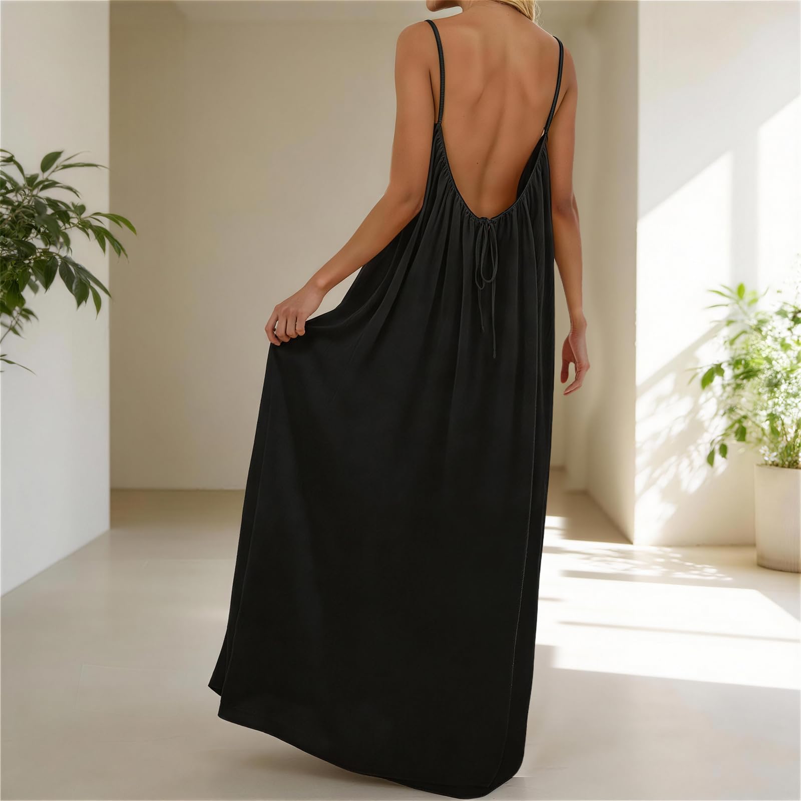 Rowena Maxi-jurk Dames – Open Rug, Verstelbare Bandjes & Effen Zomerjurk met Vloeiende A-lijn